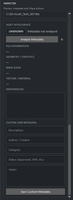 DAB inspector view for metadata, file information, dependencies, and custom user metadata fields.