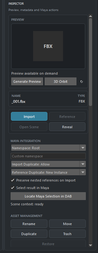 DAB inspector preview section with generate preview, import, reference, reveal, and Maya integration options.