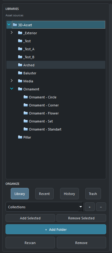 DAB library panel showing asset sources, folder hierarchy, collections, and rescan controls.