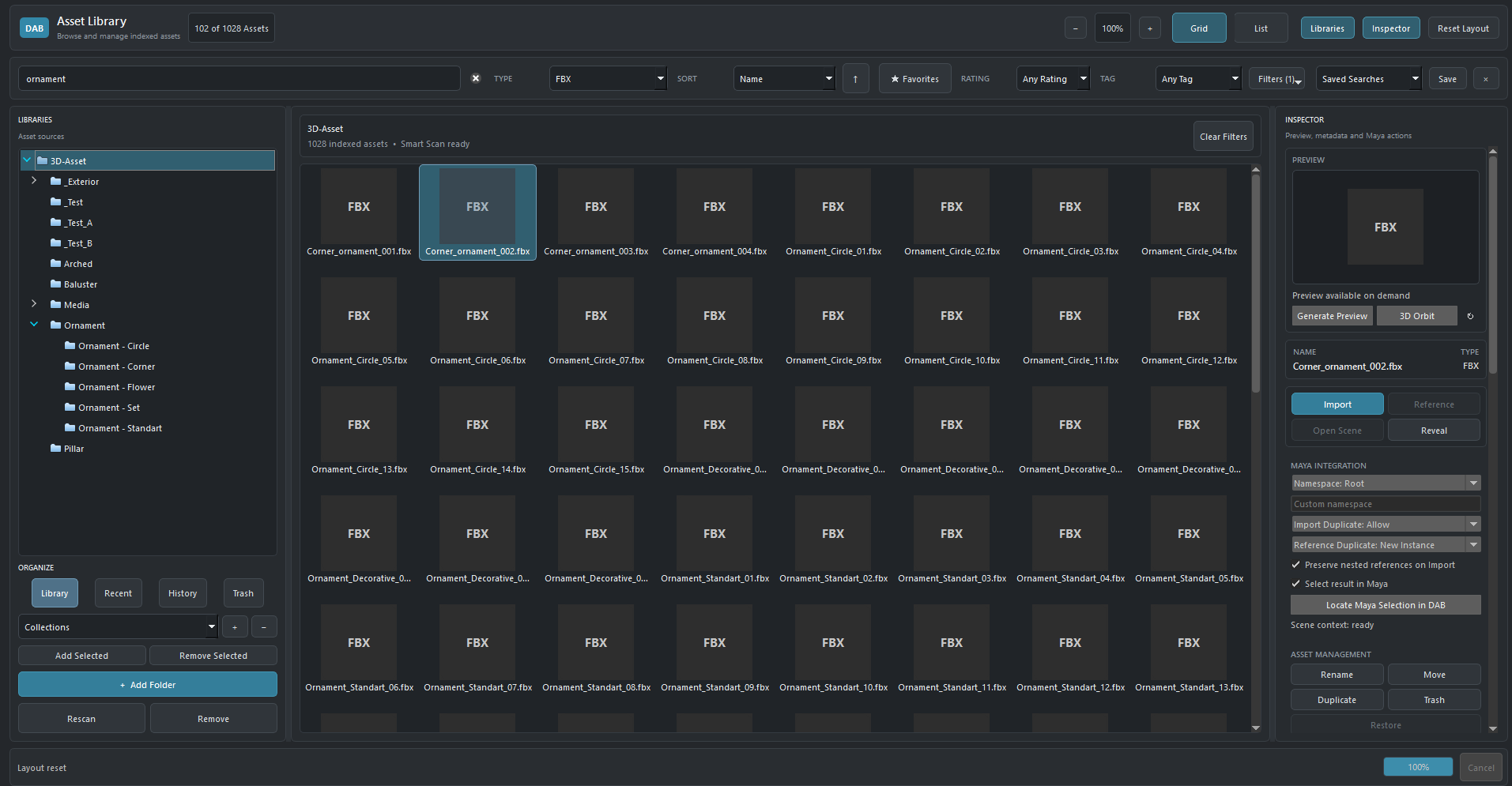 Main DAB workspace inside Maya showing the library panel, asset grid, and inspector panel.