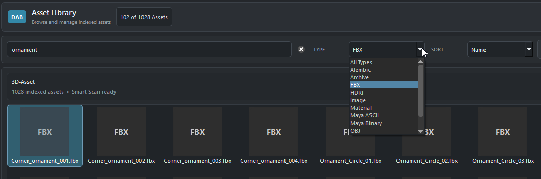DAB search and filter interface with text search, type filtering, sorting, and asset grid results.